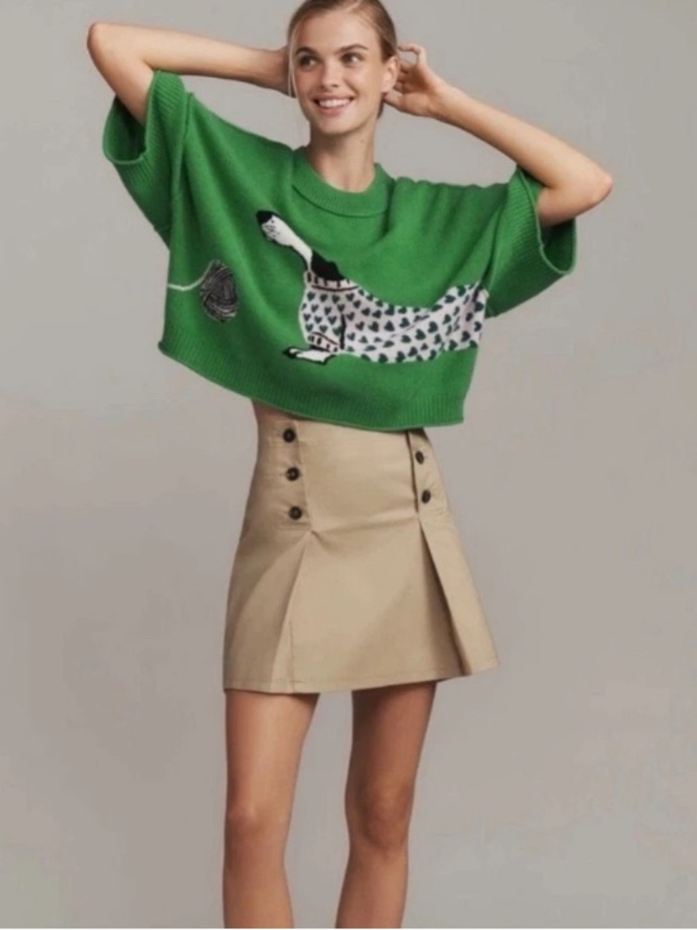 Anthropologie Goldie Cashmere crop dog Sweater top Green Dachshund Sz S